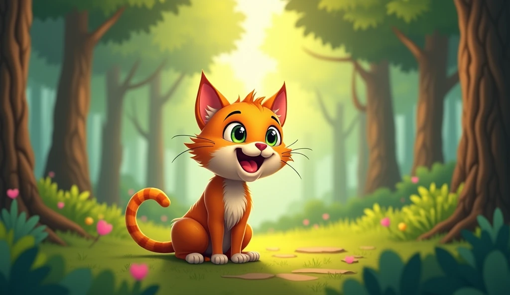 HAPPY CARTOON CAT IN THE FOREST