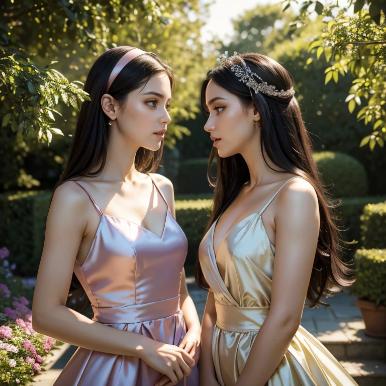 (masterpiece, best quality:1.5), highest quality, High resolution, super detailed, Realists, Upper body photo of a black-haired bridesmaid, detailed and beautiful eyes, beautiful detailed lips, very detailed eyes and face, longeyelashes, Bridesmaid in a short purple dress made of shiny satin fabric, Beautiful and colorful makeup, elegant and noble々Pose,shiny satin headband, grind, Holding flowers, Gardens as background, soft daylight, bright colors, fine brushstrokes, Portrait style, Noble details in the dress fabric, beautiful color palette, glowing skin, First-class rendering, that captures every detail, enchanting atmosphere, subtle shadows and lights, (perfect anatomy:1.2), (The two stunning bridesmaids hold flowers and wedding rings, (magnificent panorama view:1.2)