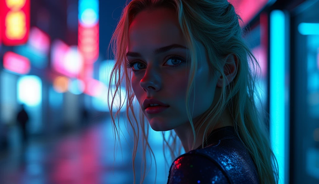 ((best quality)), ((​masterpiece)), (detailed), ((background Cyber)), wet look, ((blond long Hair)), ((Intricate detailing, in the night time, Contre-Jour, random neon color, View from afar, random pose, blue bodysuit, face focus, hell picture ))