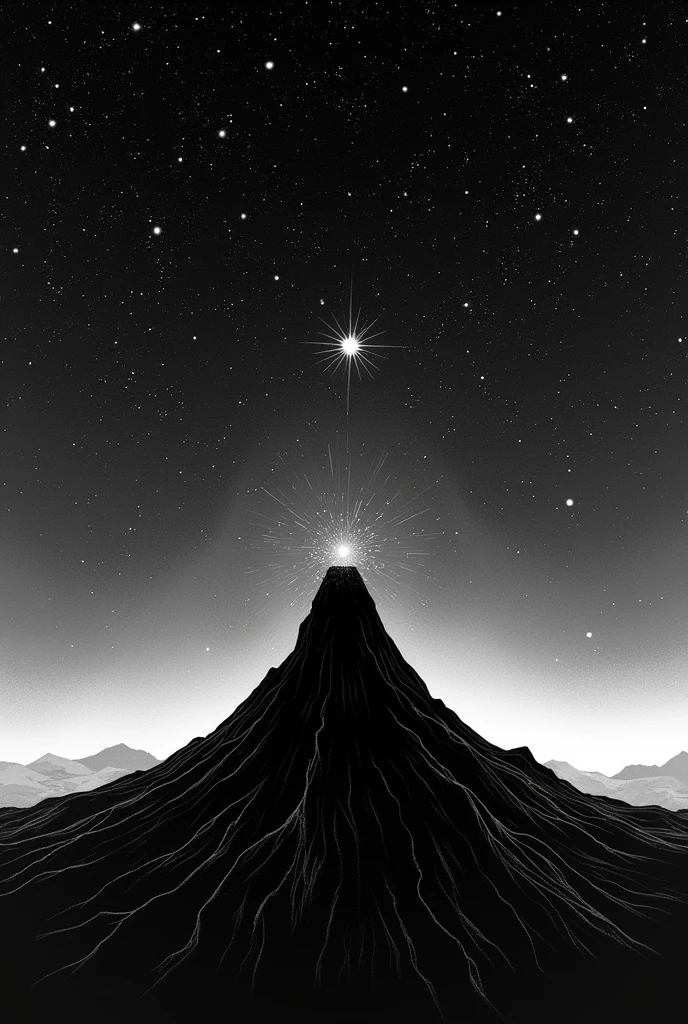 A volcano and stars in the background in black and white, only the lines are drawn