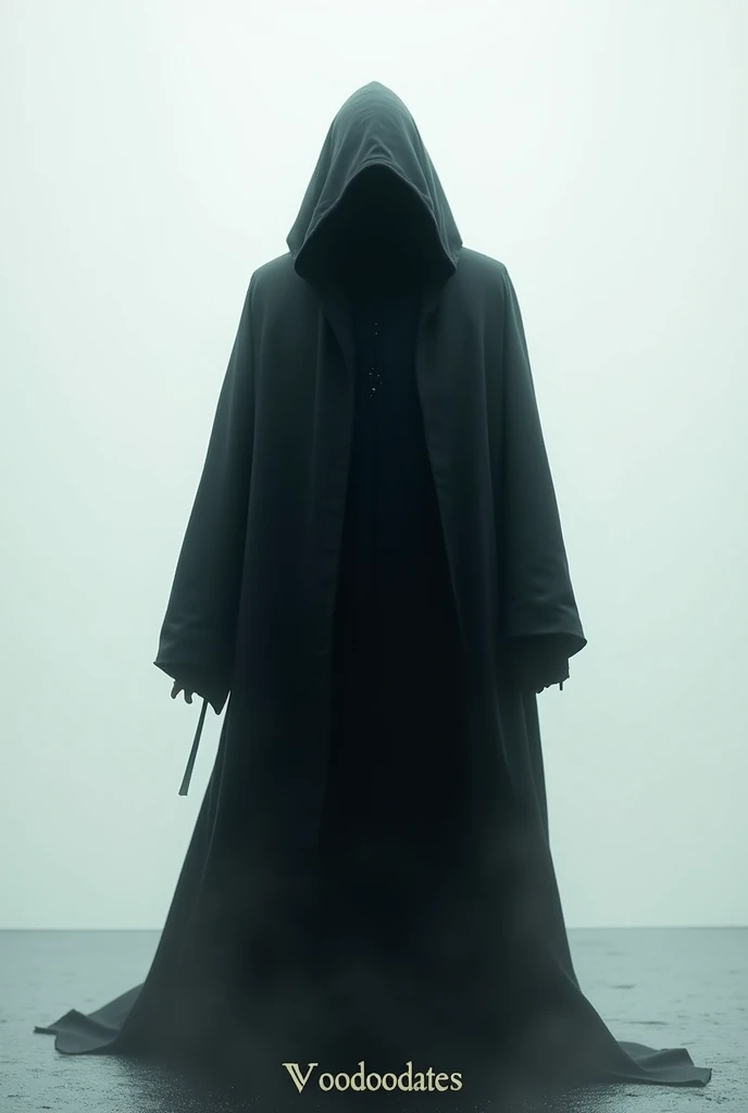 A whit background, a man wearing a long black headed funky coat with his face hidden completely, his shadow is on the wall behind him, he looks like a sorcerer practicing black magic, feels like a Live Photo, and there is a word under the magician as Voodoodates being an ad for an international brand