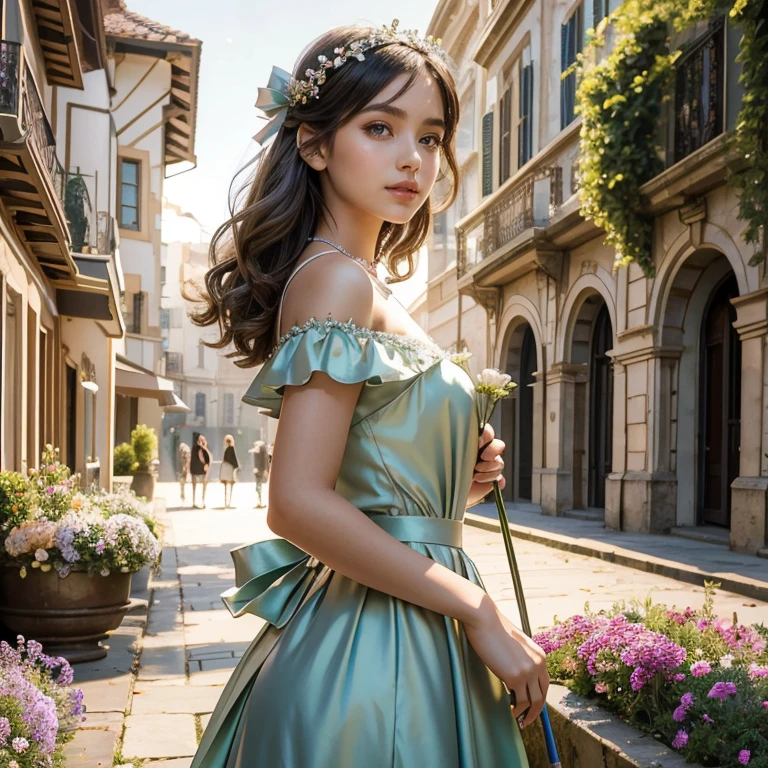 (​masterpiece, best quality:1.5), highest quality, High resolution, super detailed, Realists, Upper body photo of a black-haired flower girl, detailed and beautiful eyes, beautiful detailed lips, very detailed eyes and face, longeyelashes, Young girl in a short dress made of shiny satin fabric, Beautiful and colorful makeup, elegant and noble々Pose,shiny satin headband, grind, Holding flowers, Gardens as background, soft daylight, bright colors, fine brushstrokes, Portrait style, Noble details in the dress fabric, beautiful color palette, glowing skin, First-class rendering, that captures every detail, enchanting atmosphere, subtle shadows and lights, (perfect anatomy:1.2), (The two stunning flower girls in silver and green dresses held a long silver flower stick with a bow. Exchange glances.  (magnificent panorama view:1.2)