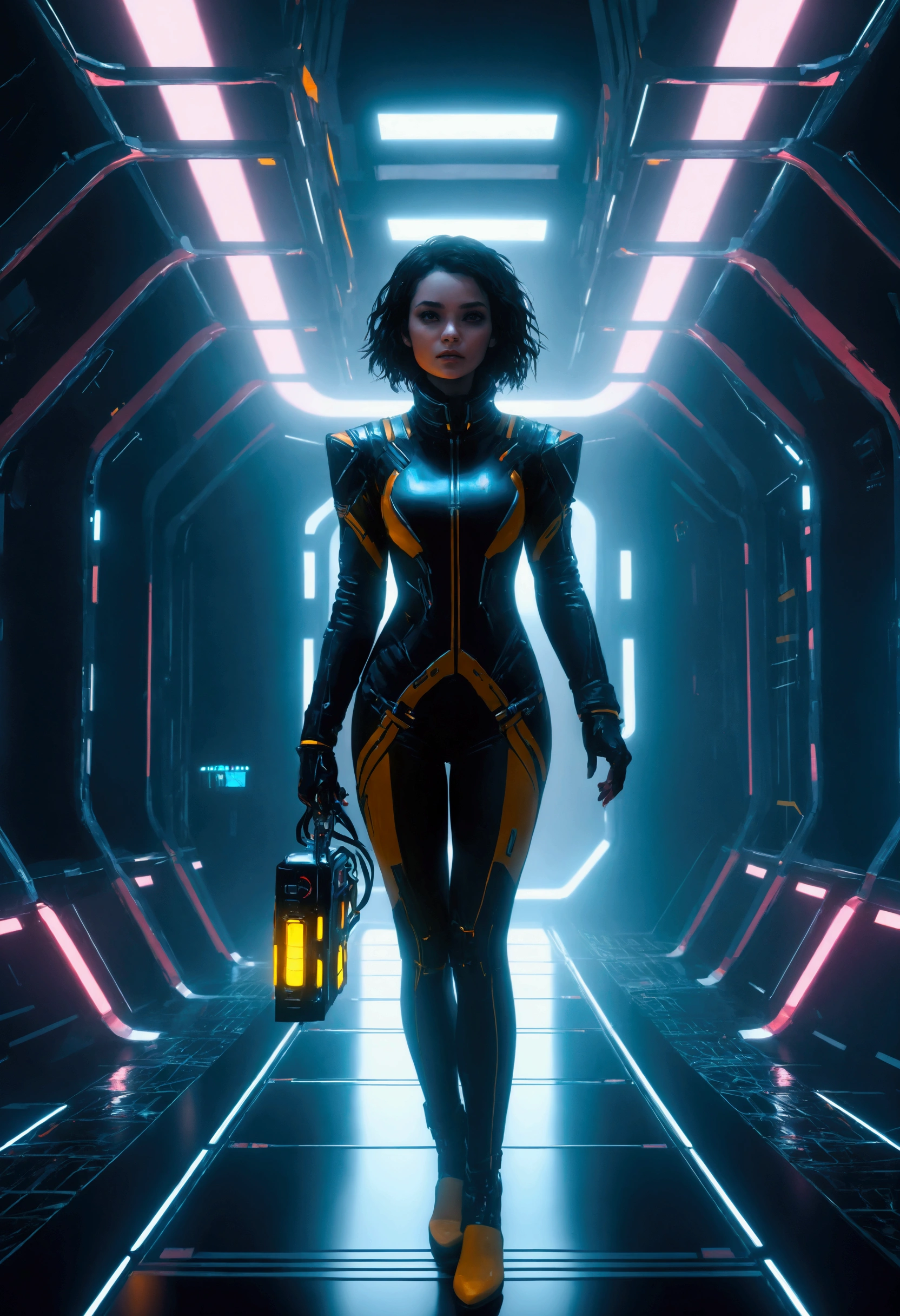 Thriller Space, A girl in a deep space station, atmospheric thriller, Bauhaus, shape, Wire, Abstract, intricate futuristic architecture, glowing neon lights, dark moody lighting, cinematic composition, high contrast, muted color palette, moody and suspenseful, (best quality,8k,highres,masterpiece:1.2),cinematic,dramatic lighting,chiaroscuro,moody atmosphere,science fiction
