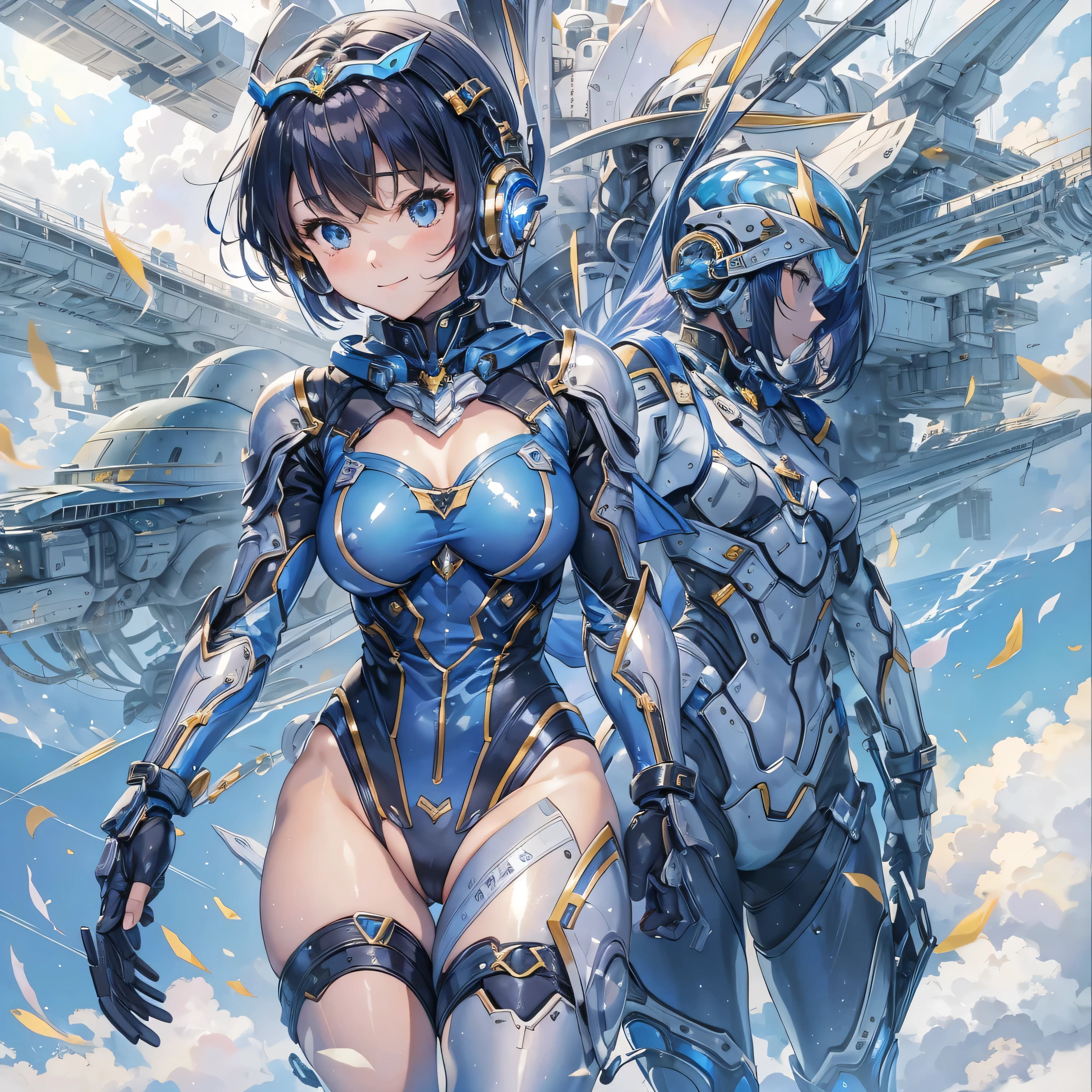 (masterpiece、highest quality、Highest Resolution、Clear_image、Detailed details、Angle from above): (Whole body、One 20 year old girl、Japanese Faces、Small Face、Slender、Navy blue super short bob cut hair、(Hidden small breasts:1.3)、Sparkling blue eyes、Shiny pilot suit in blue and black colors、Chest protection armor、Tight fitting clothes、Clothing that covers the whole body、Glamorous clothes、Tight Fit Pants、Hide your skin、Very delicate and beautiful、Detailed Skin、hide thighs、Hide your ass、Cute、A gentle smile、Soft expression、heroine、headset、Knee-high boots、Elbow-length gloves、Eye Level Shot、Face directly、Woman on a spaceship)