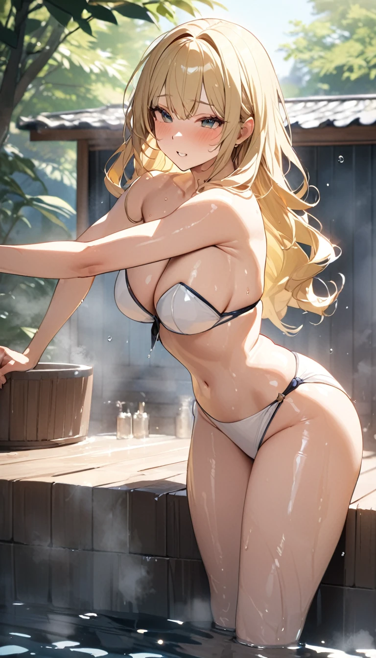 masterpiece,Highest quality,8k,Blonde,Outdoor bath,bathing,Bold Pose,Big behavior,Shiny hair,Glossy skin,Japanese idol model,whole body,