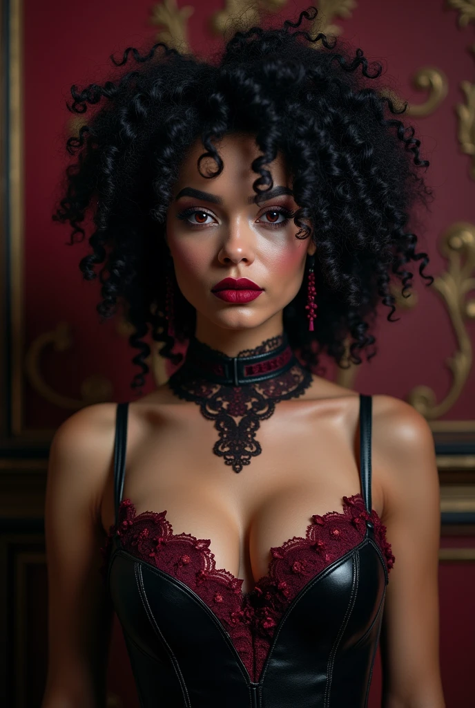 masterpiece, vampire woman, mature 45 years old, red pupils, gothic, with small afro curls, zigzag-shaped curls that are marked from the roots to the tips, waist length, dark purple color, sexy plunging black leather gothic dress with high detail, crimson corset with lace, intricately detailed background, gothic atmosphere, (HD, 8K Wallpaper, High resolution), prominent bust cup 38D, cinematic lighting, awarded, extremely detailed skin, Extra detailed face, high detail eyes, photorealistic, Zeiss 85 mm F/1.4, by Ellen von Unwerth