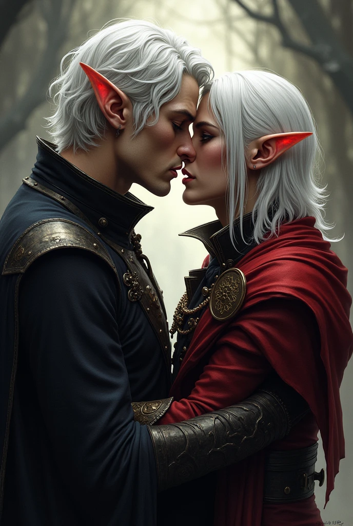 Astarion from Baldurs Gate 3. Beautiful vampire man with a short white curled hair, elven ears and predator red eyes. He is kissing another elf, a male with long white hair and silver eyes.