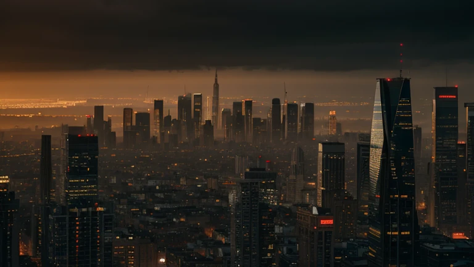a very early morning cityscape, still dark but the is light filtering through the buildings, dramatic moody atmosphere, cinematic lighting, intricate architectural details, towering skyscrapers, hazy urban landscape, photorealistic, high resolution, 8k, best quality, masterpiece.