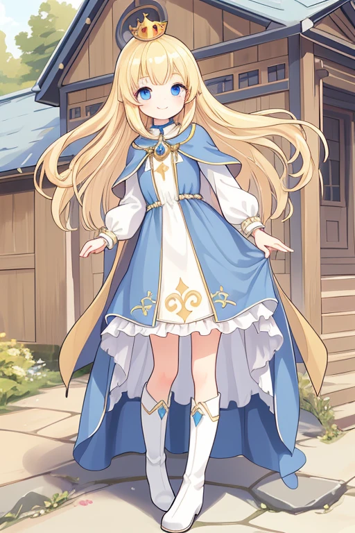Masterpiece,best quality,1 girl,Little Princess,Blonde,crown,cape,boots,blue eyes,(long dress),smile,wooden house,stone path