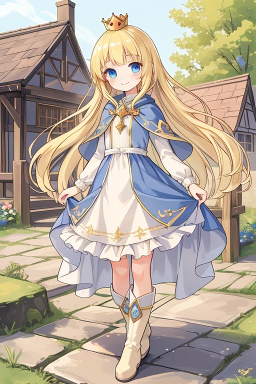 Masterpiece,best quality,1 girl, Princess,Blonde,crown,cape,boots,blue eyes,(long dress),smile,wooden house,stone path