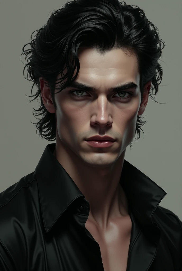 Handsome man with black hair, white skin and black eyes