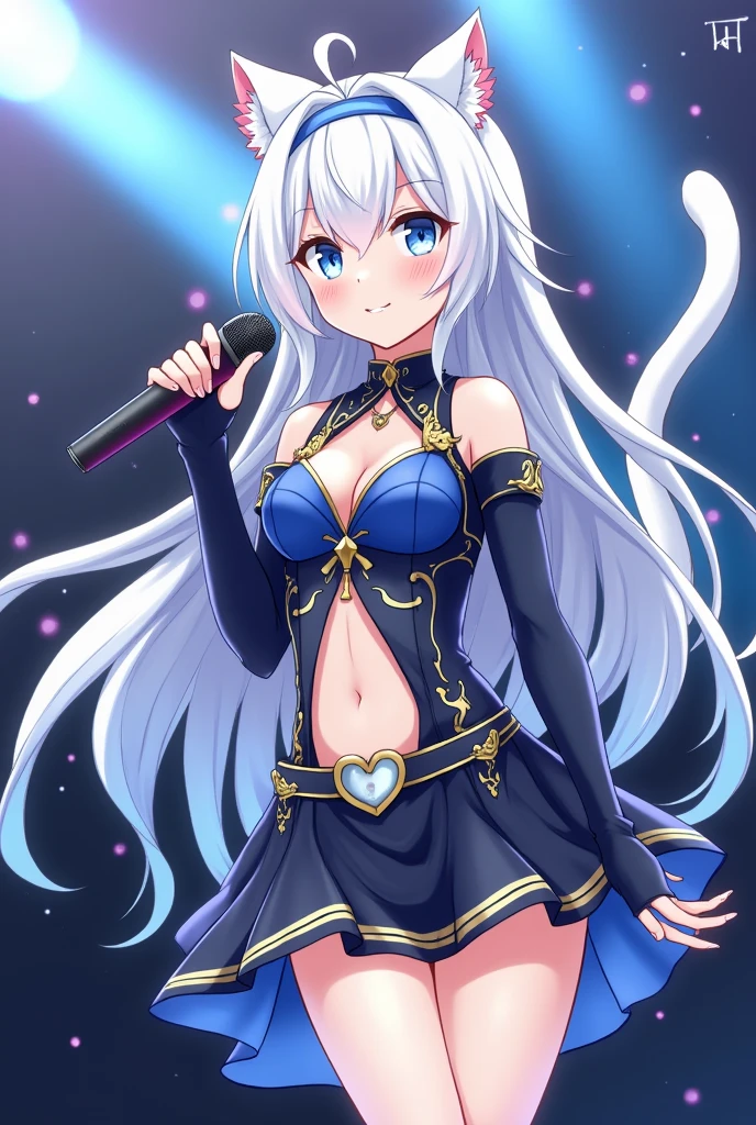 a drawing of a magical girl with anime aesthetics who is an idol with long white hair and cat ears and tail, wearing a short skirt and a modern top with her belly exposed and showing some skin, with a microphone in his hand singing, The dress is very striking and colorful in blue and black tones, with white ears and tail, and the hair has soft light blue highlights, On her neck she has a necklace with a silver heart-shaped plate, In the background there are lights and sparkles as if I were at a concert