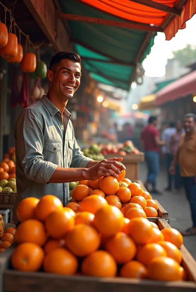 Create An Ai image of Christiano Ronaldo  selling oranges in market