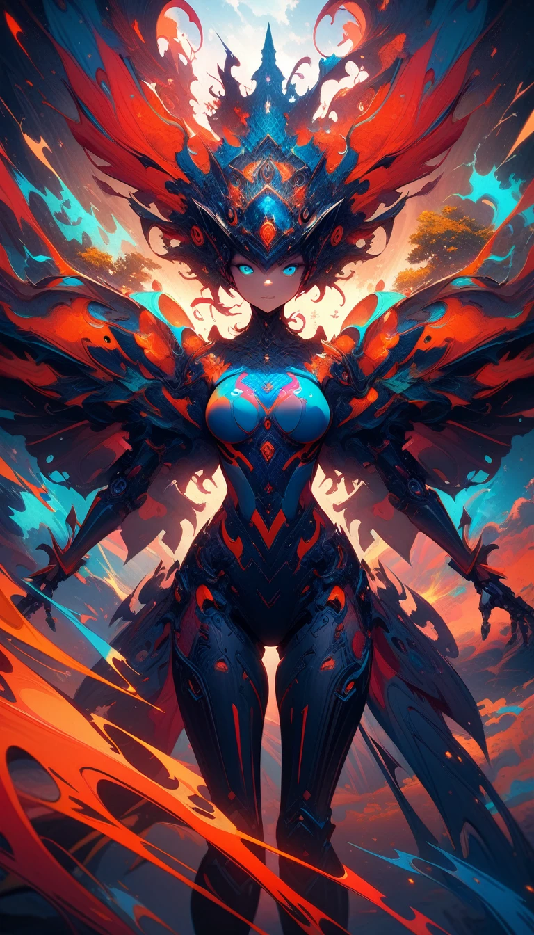 ((best quality)) , ((masterpiece)) , (detailed),A character with a vibrant, stylized costume and dramatic hair. Abstract, fiery colors that suggest an intense or fantastical setting. Predominantly reds, blues, and oranges with a warm, energetic feel. Digital art with a whimsical, imaginative aesthetic.,((((robot))))