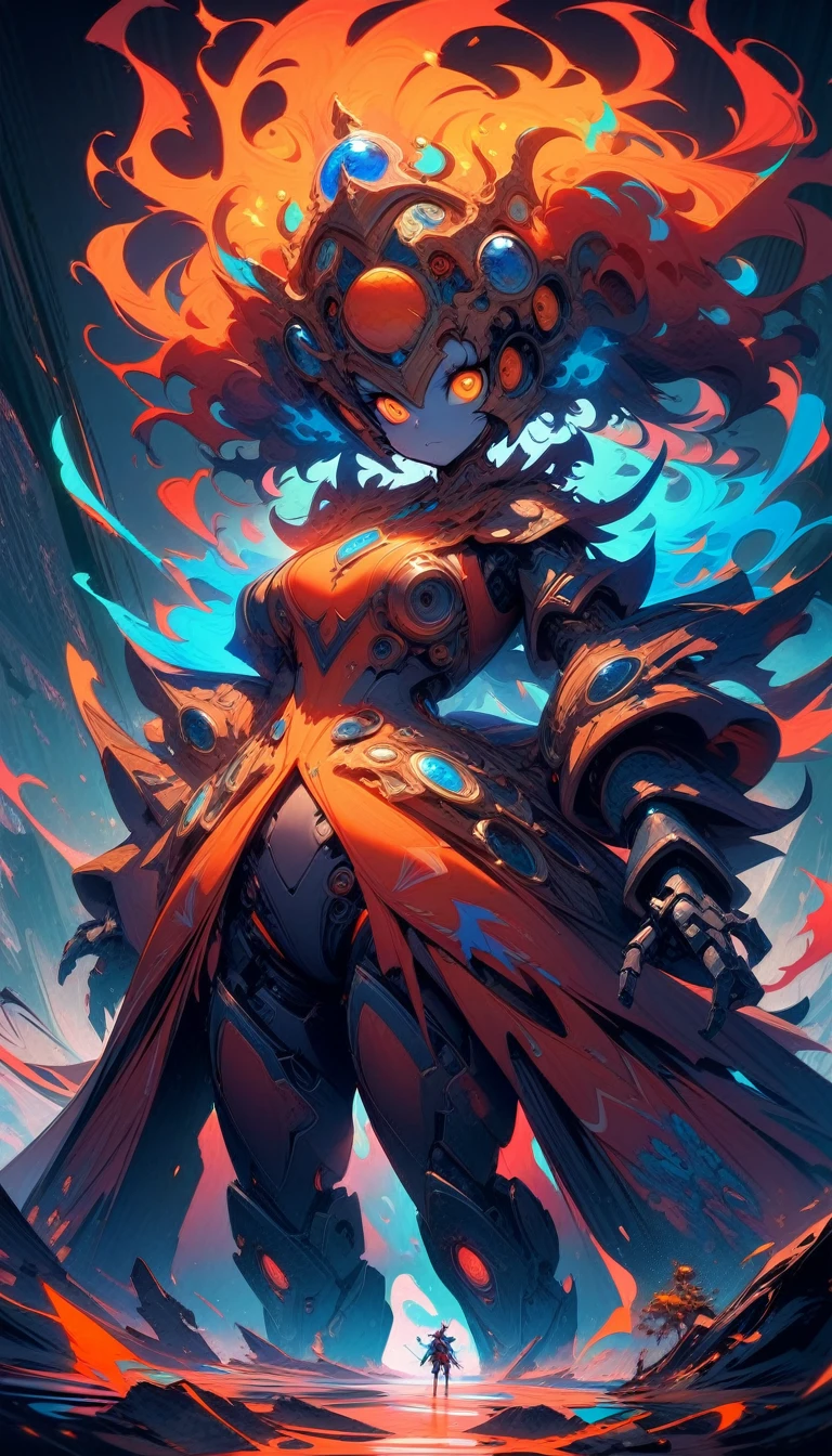 ((best quality)) , ((masterpiece)) , (detailed),A character with a vibrant, stylized costume and dramatic hair. Abstract, fiery colors that suggest an intense or fantastical setting. Predominantly reds, blues, and oranges with a warm, energetic feel. Digital art with a whimsical, imaginative aesthetic.,((((robot))))