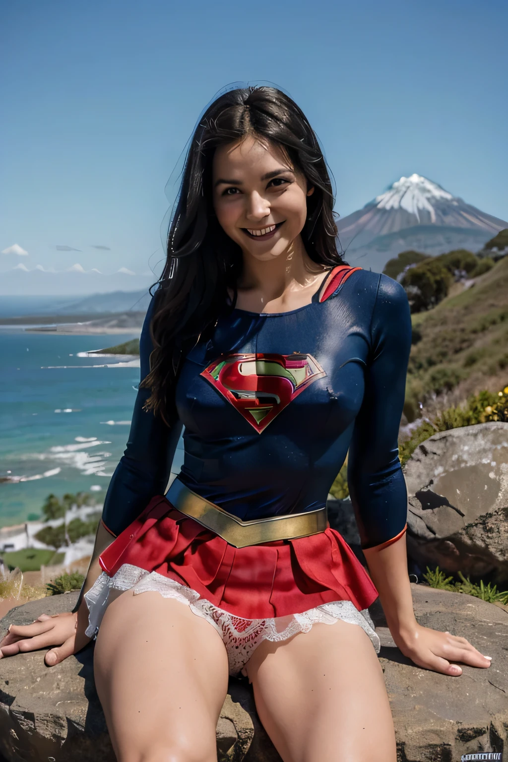 RAW, Best quality, high resolution, realistic, masterpiece: 1.3), Supergirl, black hair, perfect nose, perfect lips, perfect eyes, smiling, detail :1.2), supergirl in short red skirt, blue supergirl skinsuit, full body image detail, watery eyes, RAW, Best quality, high resolution, masterpiece, duchenne smile, toothy smile, sitting on a rock, cross legs, spread legs wide open showing white lace panties, red skirt, show cameltoe, medium thick thigh, Mount Taranaki, full body picture.