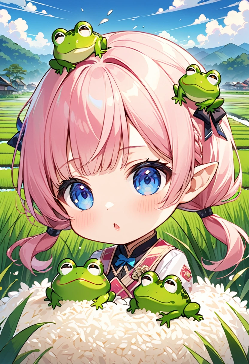 Highest quality、High resolution、Detailed Background、Beautiful face in every detail、Anatomically correct、Detailed facial expressions、fine grain、((One Girl:1.2)、((Chibi Girl:1.2)))、Cute hair color、Big beautiful blue eyes、Fuller lips、Pink Lips、Braided twin tails、Ahoge、(Movie Posters:1.2、((title is"The Bridge Between Humans and Frogs Explosion Incident"))、(In the background is a rice field with swaying ears of rice.)