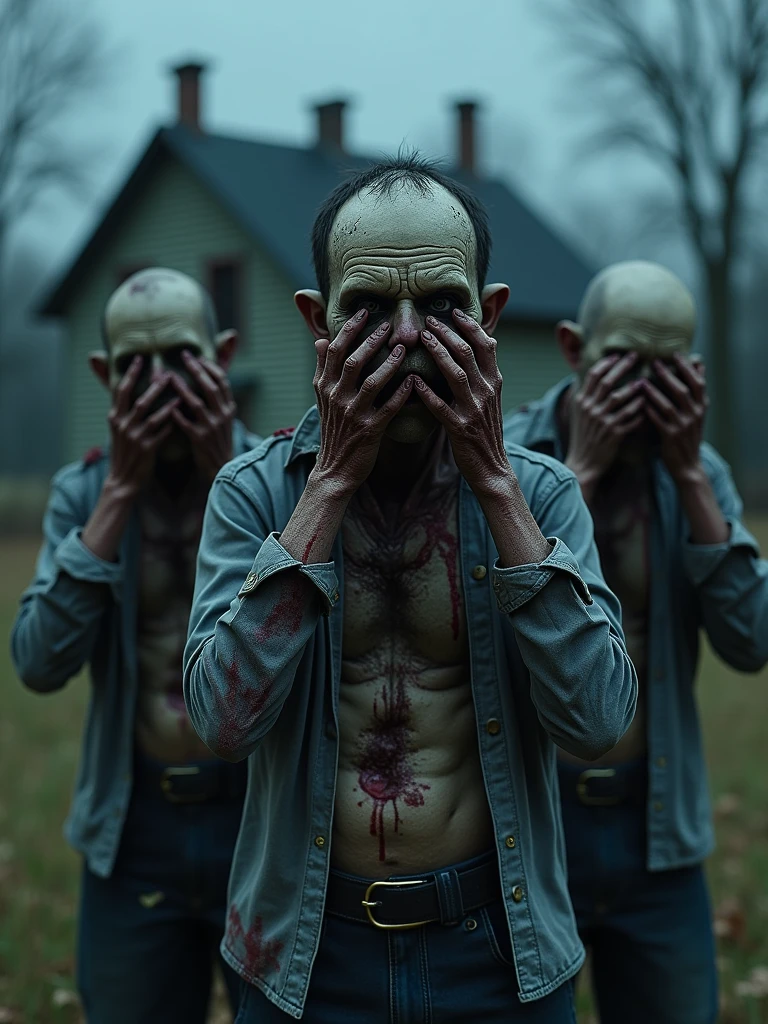 Three zombies pose as if to say 'see no evil, hear no evil, speak no evil'. The first zombie covers its eyes, the second zombie covers its ears, and the third zombie covers its mouth. The zombies have rotting skin and torn clothes. There is an abandoned house in the street in the background to keep the focus on the zombies only. There is no text on the zombies' clothes or the character bases. The zombies should look more three-dimensional and plastic, with enhanced depth and textures to make them look more realistic. At midnight, natural light, beautiful colors, sharp 8k.