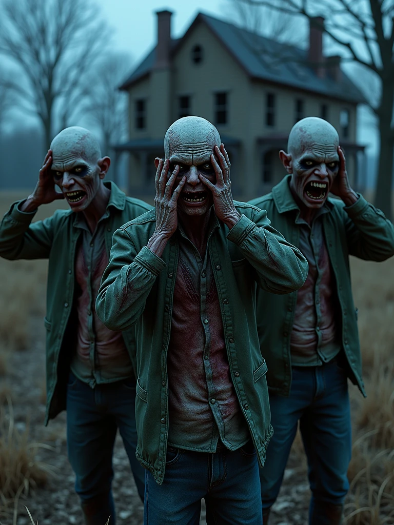 Three zombies pose as if to say 'see no evil, hear no evil, speak no evil'. The first zombie covers its eyes, the second zombie covers its ears, and the third zombie covers its mouth. The zombies have rotting skin and torn clothes. There is an abandoned house in the street in the background to keep the focus on the zombies only. There is no text on the zombies' clothes or the character bases. The zombies should look more three-dimensional and plastic, with enhanced depth and textures to make them look more realistic. At midnight, natural light, beautiful colors, sharp 8k.