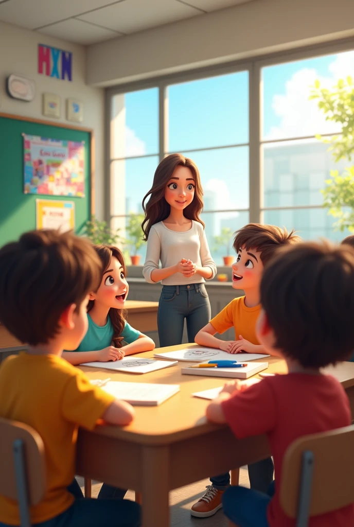 Create a drawing in the background of a teacher teaching in front of happy children.