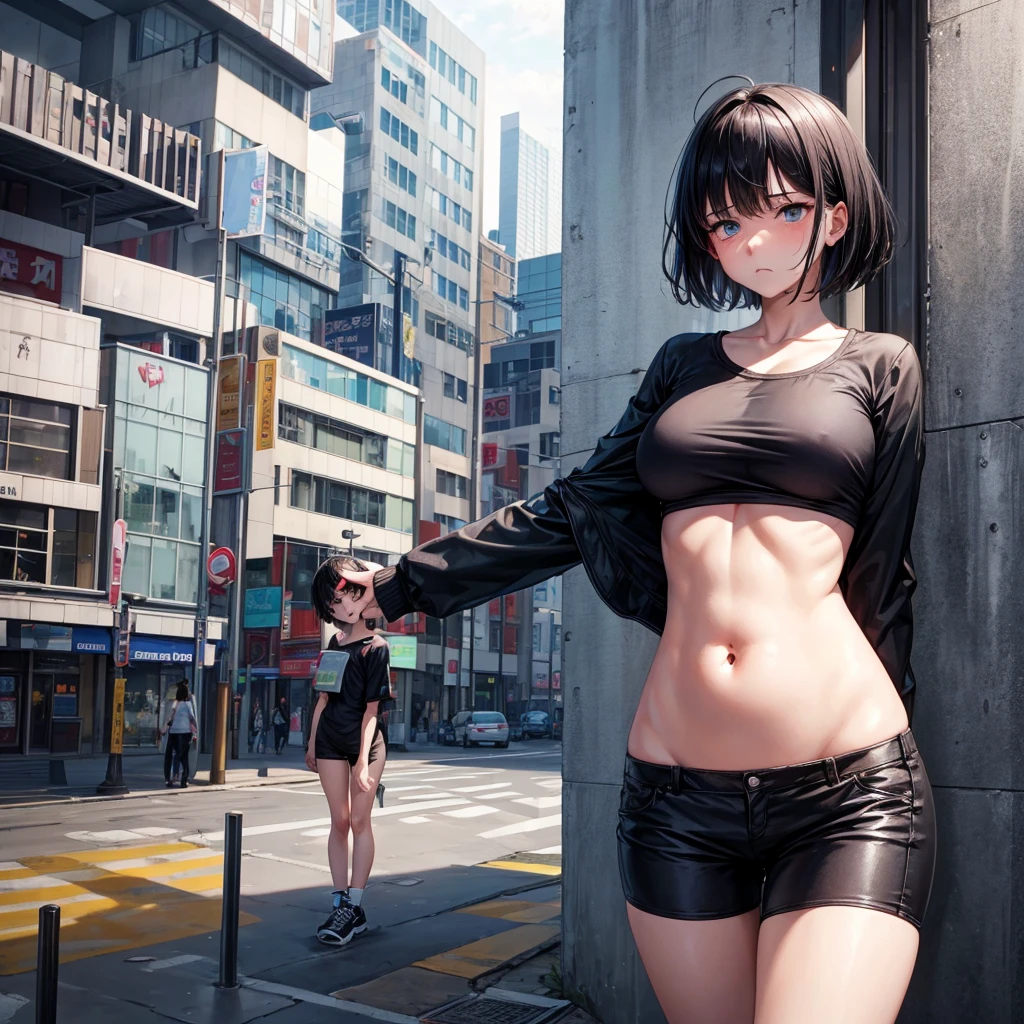 A Giant girl with black short hair holding uper belly with sick expression suffer from stomach ache almost puke in the little city