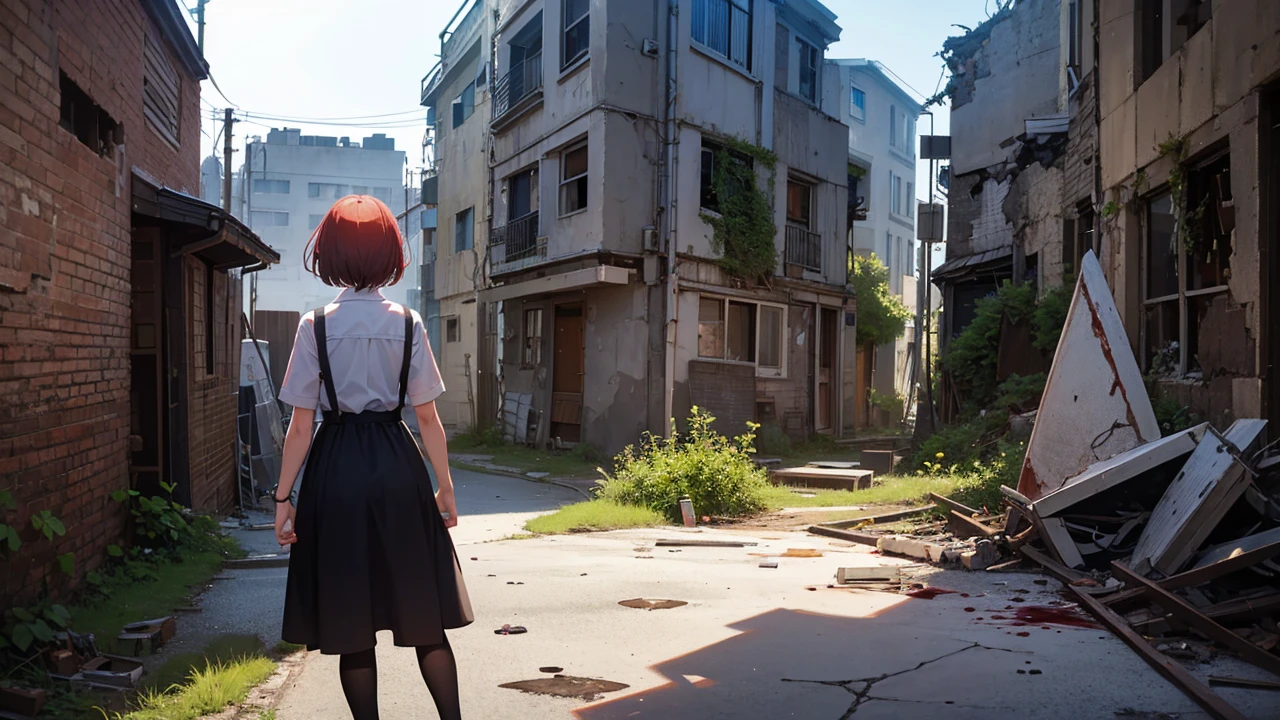 An image with a girl from behind, with a background of a destroyed city, already completely destroyed with weeds everywhere, blood on the walls of the houses and on the floor.