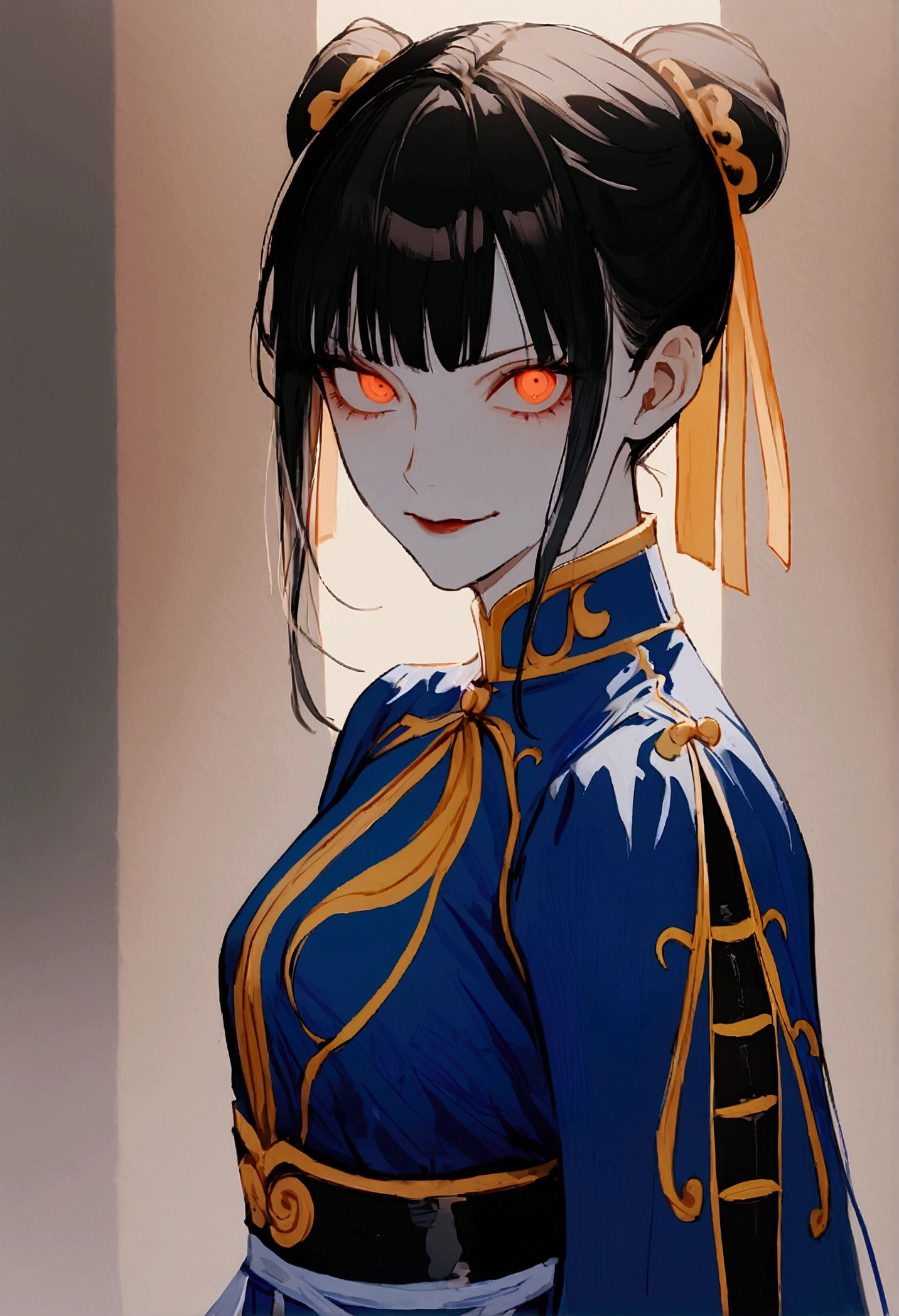 standing alone, work of art, best qualityer, agrias, black costume, collant preto, standing, looking ahead at viewer, shorth hair,Evil smile, evil gaze, Chun-Li,black gloves,blue outfit,yandere face,poor lighting,beautiful eyes,detailed eyes orange lighting
