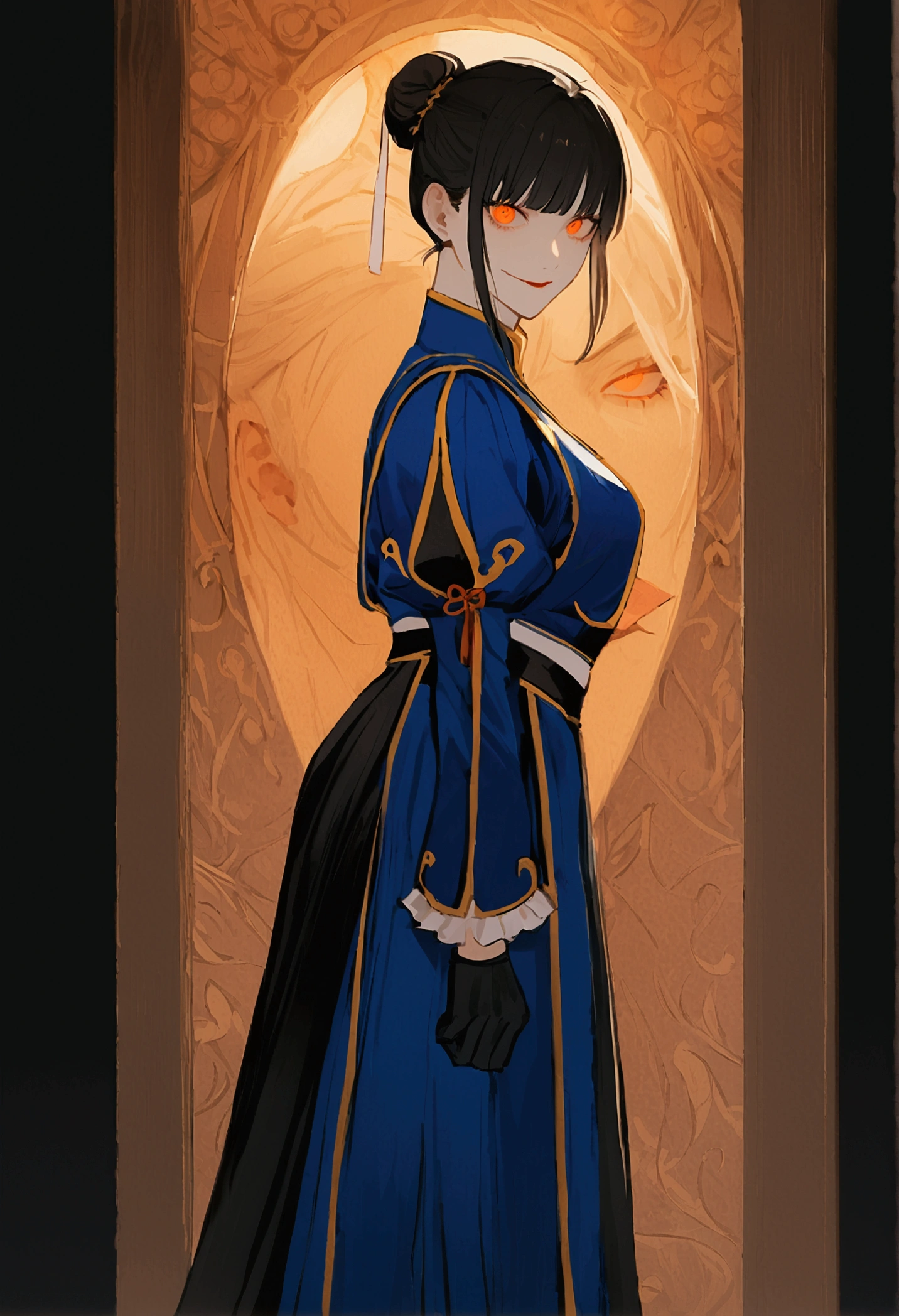 standing alone, work of art, best qualityer, agrias, black costume, collant preto, standing, looking ahead at viewer, shorth hair,Evil smile, evil gaze, Chun-Li,black gloves,blue outfit,yandere face,poor lighting,beautiful eyes,detailed eyes orange lighting
