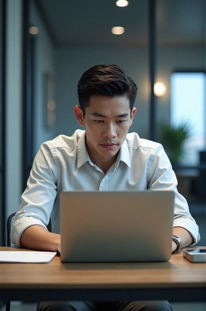 (Best Quality), (Masterpiece), (high resolucion), (intriciate detail), (Photorealistic), (Cinematic light), Korean Men, suit, Sitting on a laptop, office, back-view ,A hyper-realistic, Photo Photorealistic, Hyper Realistic Texture Human Skin, Cinematic light
