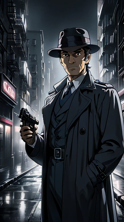 (1man, Inspector Clouseau), (extremely detailed CG unit 8k wallpaper),(master part), (best quality), (ultra detail), (best illustration),(ghibli style), cowboy shot, (Sharp eyeliner, ombre, detail eyes:1), dark city, outdoors, ,break , (mad-sincity), upper body,1940s, noir, night, trenchcoat