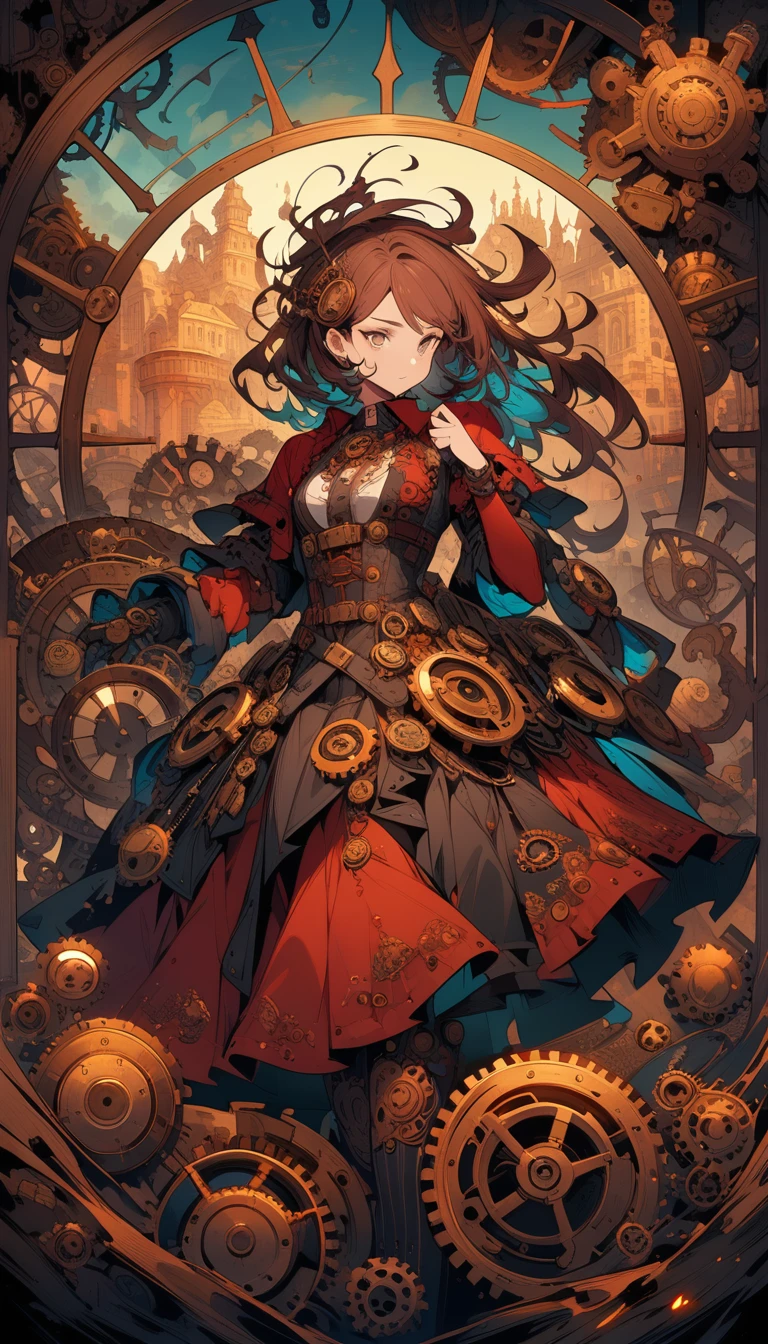((best quality)) , ((masterpiece)) , (detailed),A character with a vibrant, stylized costume and dramatic hair. Abstract, fiery colors that suggest an intense or fantastical setting. Predominantly reds, blues, and oranges with a warm, energetic feel. Digital art with a whimsical, imaginative aesthetic.,((steampunk style . antique, mechanical, brass and copper tones, gears, intricate, detailed))