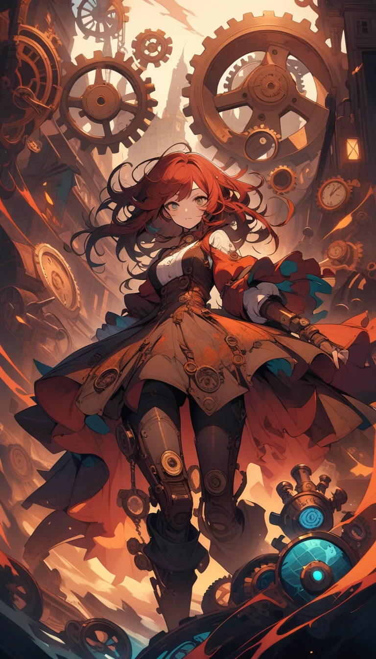 ((best quality)) , ((masterpiece)) , (detailed),A character with a vibrant, stylized costume and dramatic hair. Abstract, fiery colors that suggest an intense or fantastical setting. Predominantly reds, blues, and oranges with a warm, energetic feel. Digital art with a whimsical, imaginative aesthetic.,((steampunk style . antique, mechanical, brass and copper tones, gears, intricate, detailed))