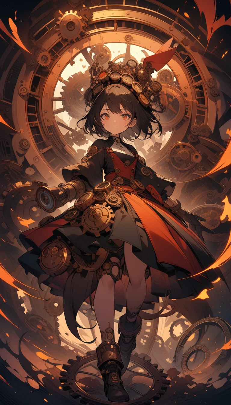 ((best quality)) , ((masterpiece)) , (detailed),A character with a vibrant, stylized costume and dramatic hair. Abstract, fiery colors that suggest an intense or fantastical setting. Predominantly reds, blues, and oranges with a warm, energetic feel. Digital art with a whimsical, imaginative aesthetic.,((steampunk style . antique, mechanical, brass and copper tones, gears, intricate, detailed))
