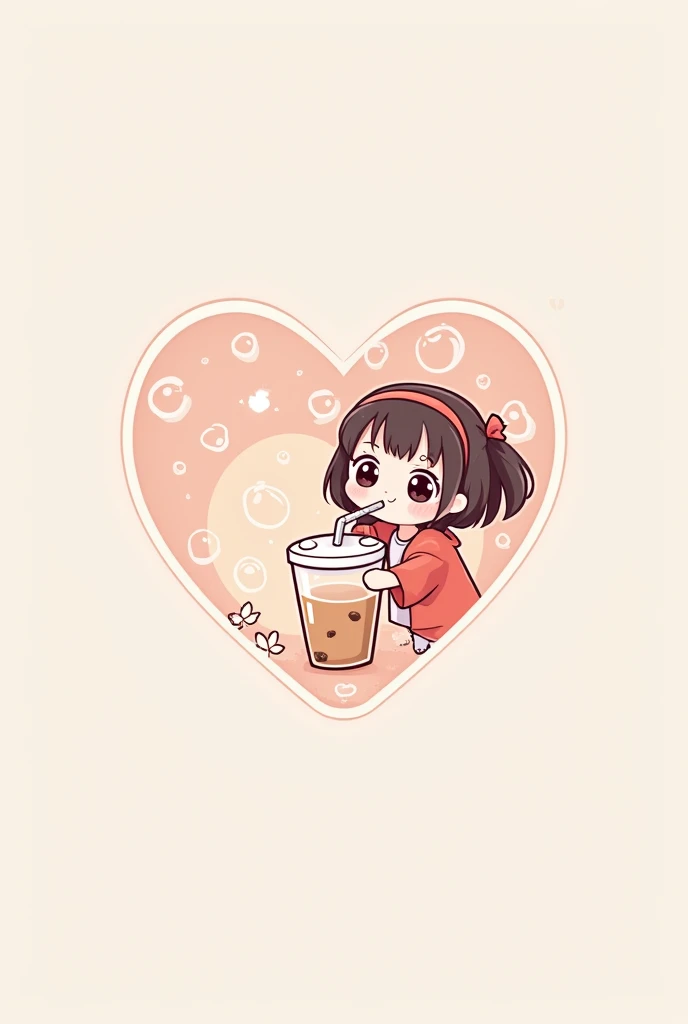A circle-shaped heart with a soft color palette.
A chibi-style girl with big, round eyes, sipping a milk tea with a cute straw.
Add playful elements like bubbles or stars around the logo.