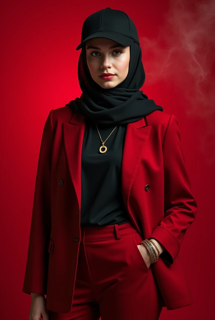 a beautiful 17 year old white girl.wearing a black hijab and a black cricket cap.and wearing a black t-shirt covered with a red suit.wearing a bracelet,necklace.with his style.divine red background decorated with thin smoke.displays " beautiful " his clothes.detailed creation.capital bold font