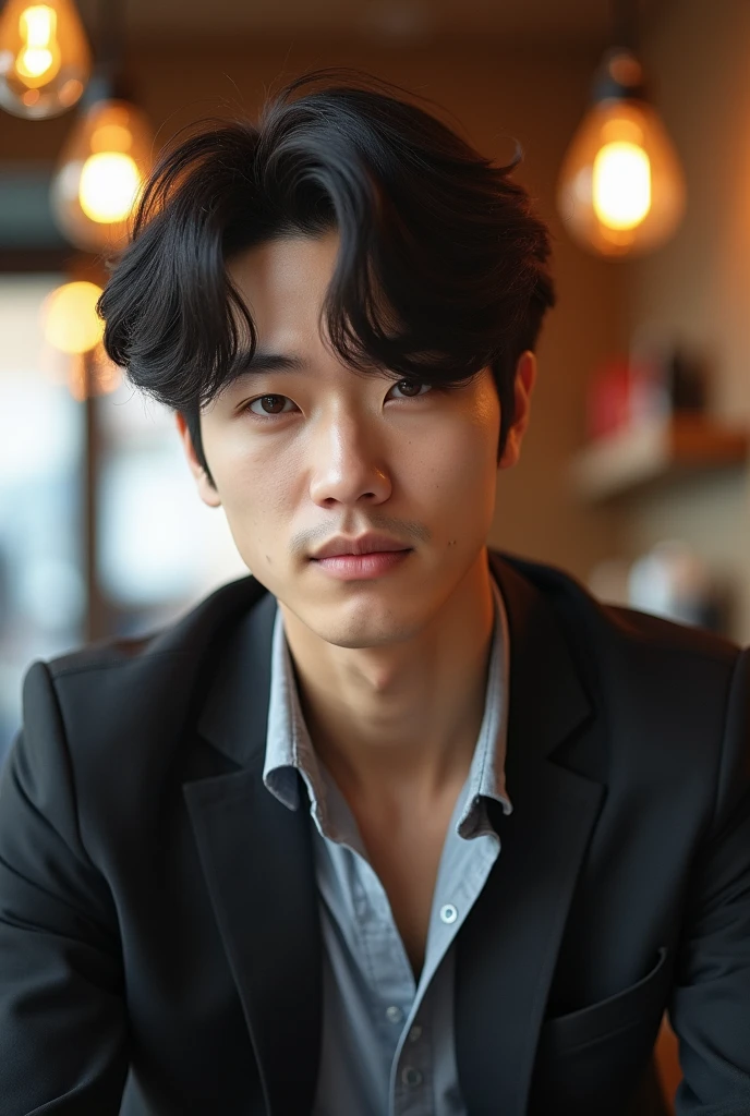 musician、A refreshing, handsome man in his 20s、(Super cool S-class boys)、Japan male, 20 years old、、Photographed inside the cafe、a handsome guy、(CG Unity 8K high resolution photo)、(Very detailedSクラスのa handsome guy性)、(Photorealistic)、(highest quality))、Very detailed、super high quality、expensive、Audience、kind person、Very beautiful hair Perm Hair、Bright photo、Handsome like a model、Handsome like an idol、looking at the camera、Inside a stylish cafe、Stubble