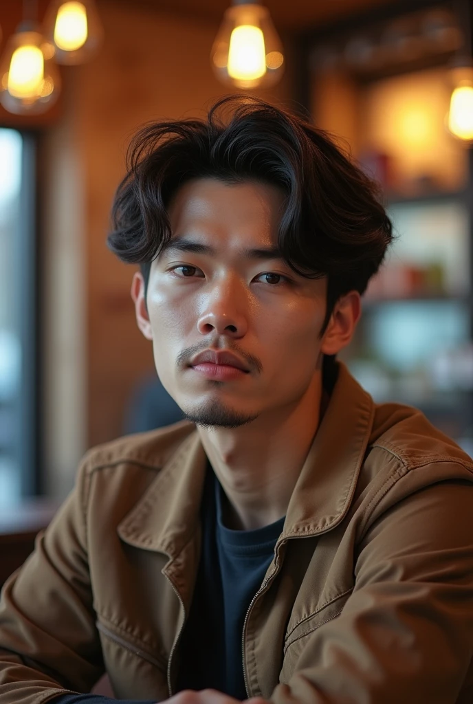 musician、A refreshing, handsome man in his 20s、(Super cool S-class boys)、Japan male, 20 years old、、Photographed inside the cafe、a handsome guy、(CG Unity 8K high resolution photo)、(Very detailedSクラスのa handsome guy性)、(Photorealistic)、(highest quality))、Very detailed、super high quality、expensive、Audience、kind person、Very beautiful hair Perm Hair、Bright photo、Handsome like a model、Handsome like an idol、looking at the camera、Inside a stylish cafe、Stubble