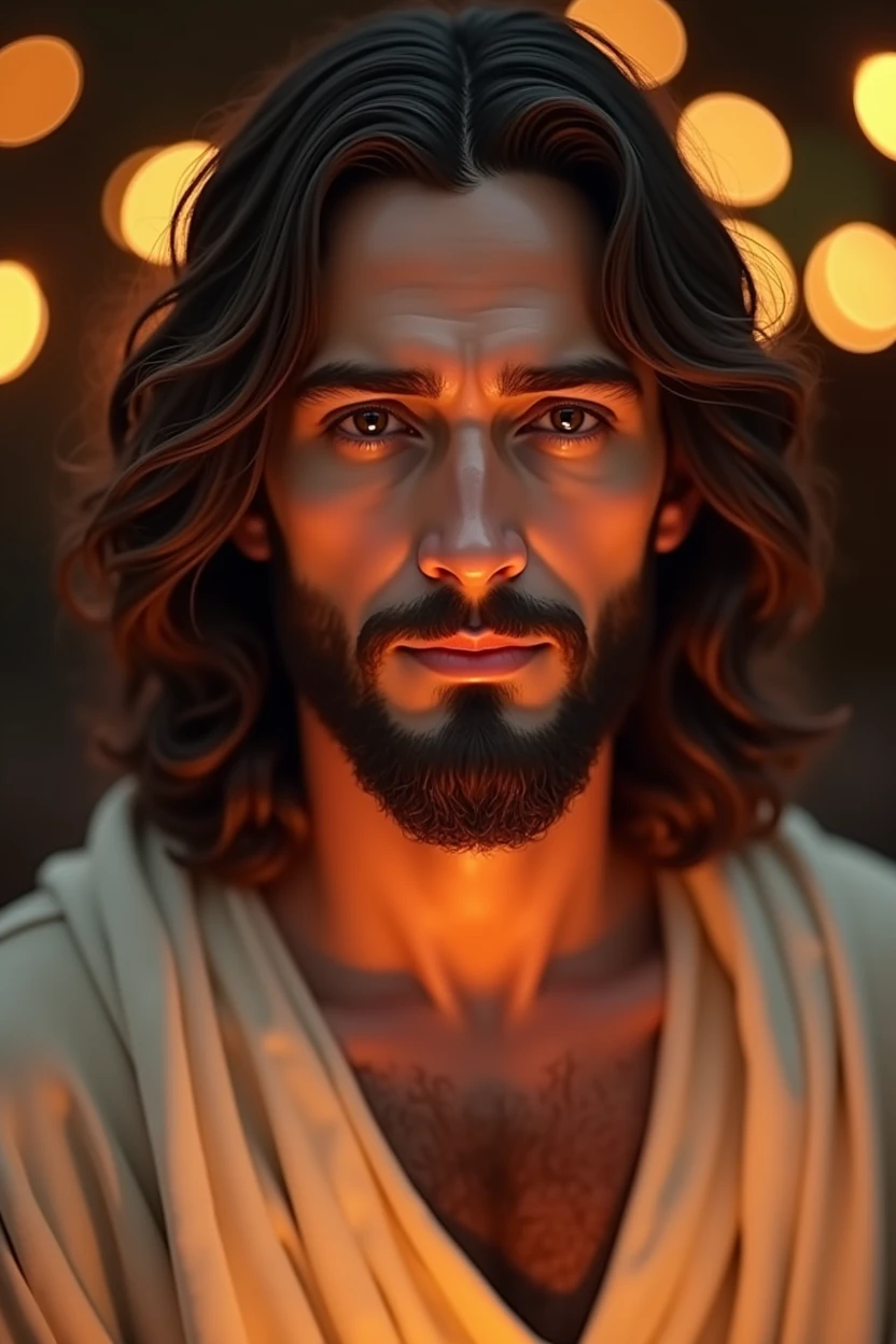 Photo of Jesus, portrayed in biblical times, showcased in a Photorealistic light environment, capturing a full-face view of the subject, with calm eyes gazing directly at the camera. The serene and loving expression on his face is accentuated by a sweet look, illuminated by lights in the background. The whole environment is crystal clear, providing a sense of tranquility and spiritual connection. This striking portrayal is presented as a Photo of Bust - S2.