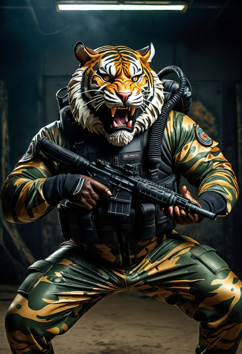 (a dark-skinned bearded fat muscular old man in a bulky army camouflage zipper diver suit) carrying a gun, (wearing realistic roaring tiger mask), dynamic action pose, fierce expression, showcasing an imposing stature, surrounded by military elements, dramatic shadows and intense highlights, cinematic color tones, high detail, powerful, art influenced by Bruce Onobrakpeya and Stanley Artgerm, ultra-detailed, best quality image, action-packed atmosphere. fighting stance