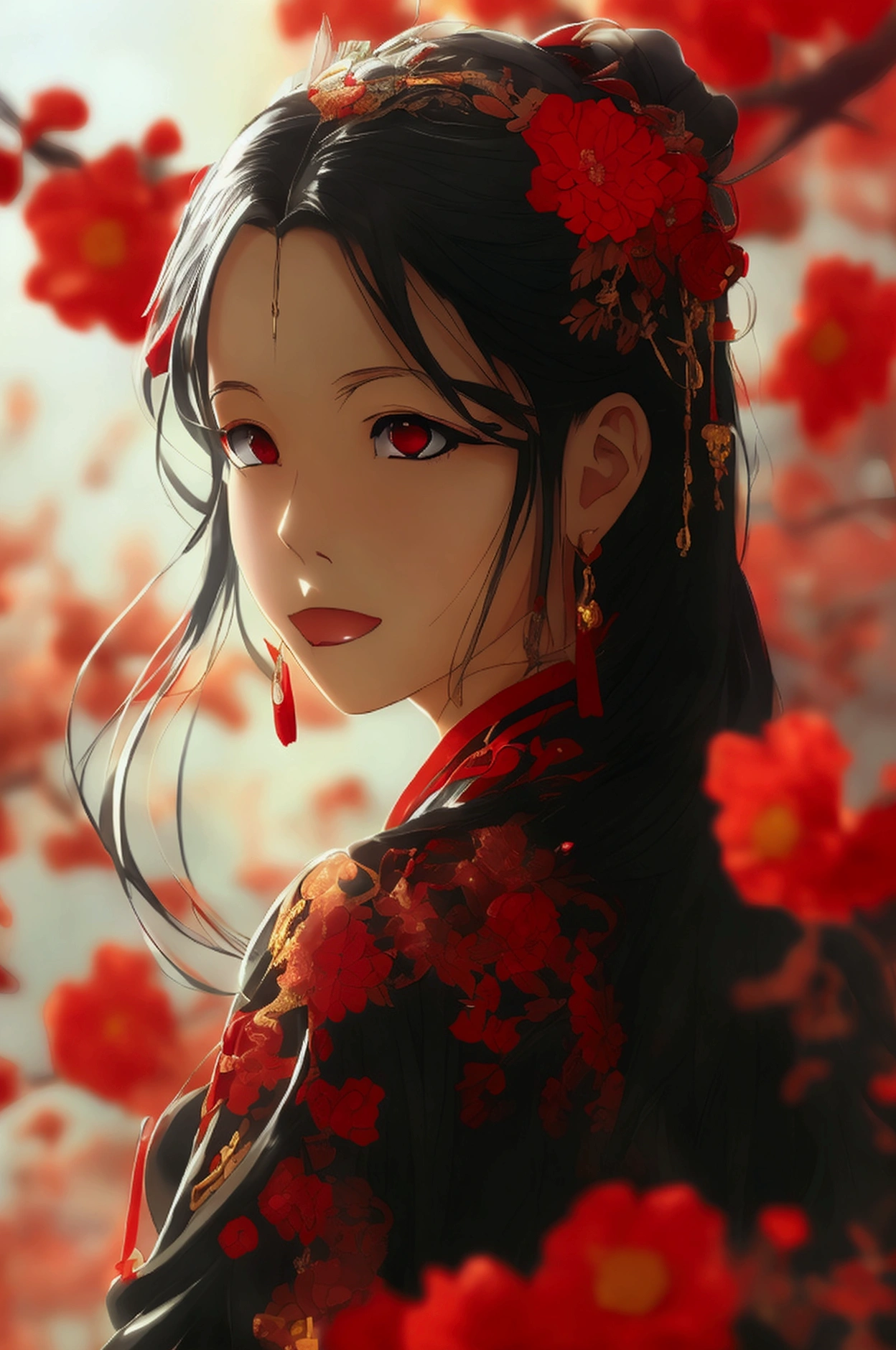 Anime girl in a red and black dress with red flowers in her hair., guweiz style artwork, guweiz, Chinese girl, trend on cgstation, cute anime waifu with a nice dress., Guweiz and Pixiv Artstation, palace ， A girl in Hanfu, beautiful digital artwork, Guweiz and Artstation Pixiv