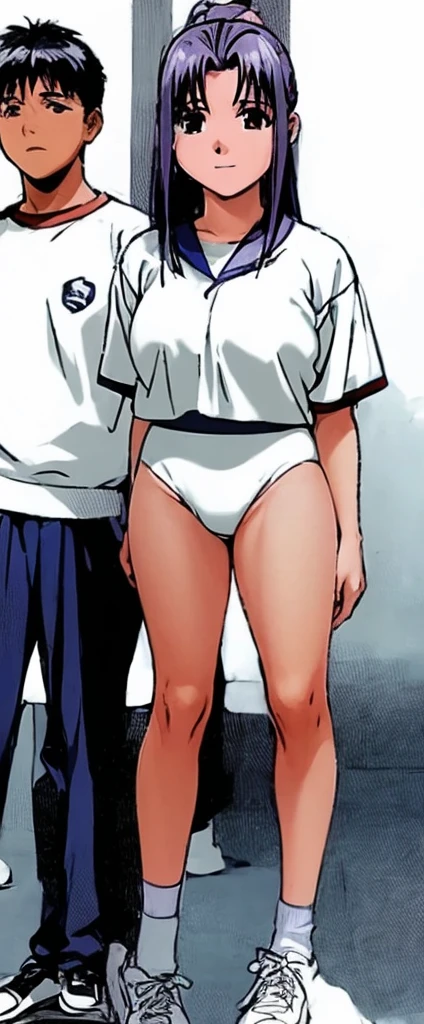 Momoko Koigakubo, with her beautiful legs, is standing with a smile on her face in a white gym suit and light navy blue bloomers that look like panties.。Momoko Koigakubo is holding a young boy wearing a tracksuit。