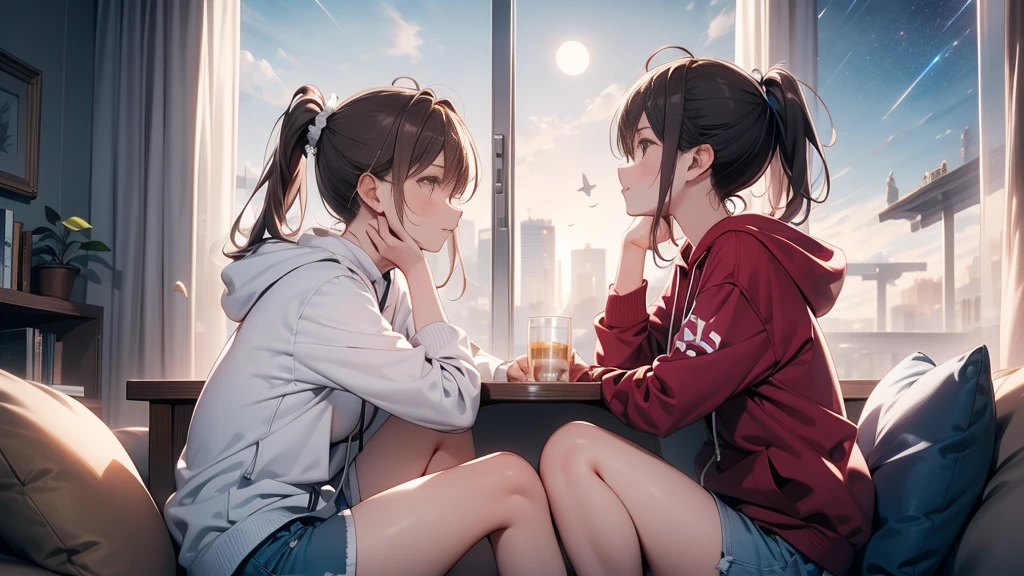 masterpiece, best quality, high quality, detailed, ultra detailed, hyper detailed, insanely detailed, exquisite, beautiful, FHD, Full-HD, 4K, 8K, 16K, highres, absurdres, skyscraper, city, a girl, intelligent, sitting, looking to the side, ponytail, brown hair, brown eyes, hoodie, shorts, piercing, in the room, with a starry sky, with a galaxy, at night, beautiful, lo-fi, side view, moonlight