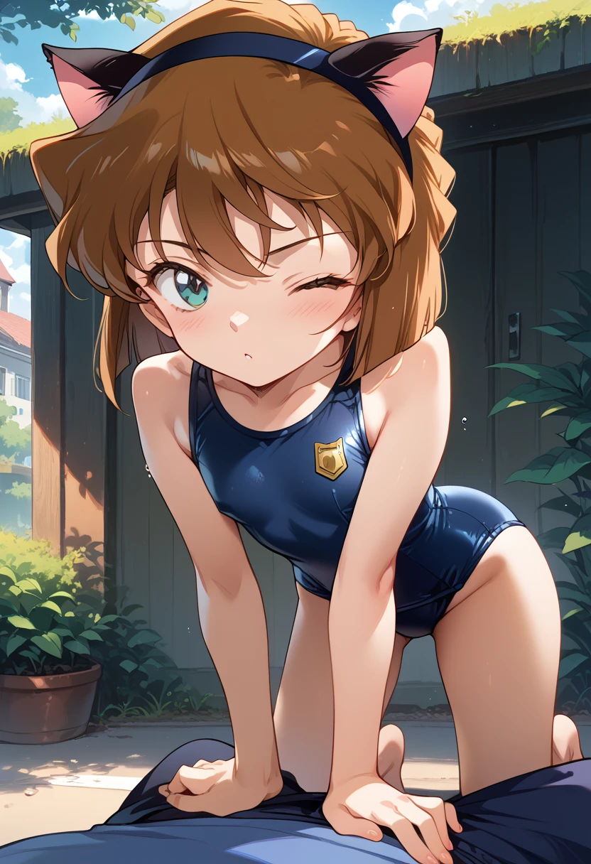 masterpiece,High resolution,Highest quality,8k(Detective Conan,Haibara Ai) (***************,,Flat Chest,short,Brown Hair,short hair) (School Swimsuit,Cat ears headband)On all fours,Cat Pose,One closed eye,First Person View,grassland