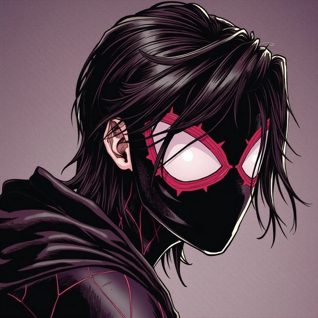 Male spiderman with a mostly black costume with red details. He wear a spiderman mask covering his whole face in true spiderman fashion. He has medium-long hair growing from his mask. In the artstyle of a marvel comic.