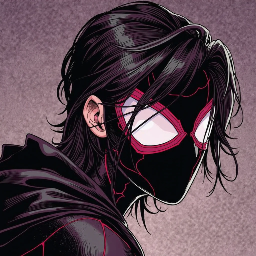 Male spiderman with a mostly black costume with red details. He wear a spiderman mask covering his whole face in true spiderman fashion. He has medium-long hair growing from his mask. In the artstyle of a marvel comic.