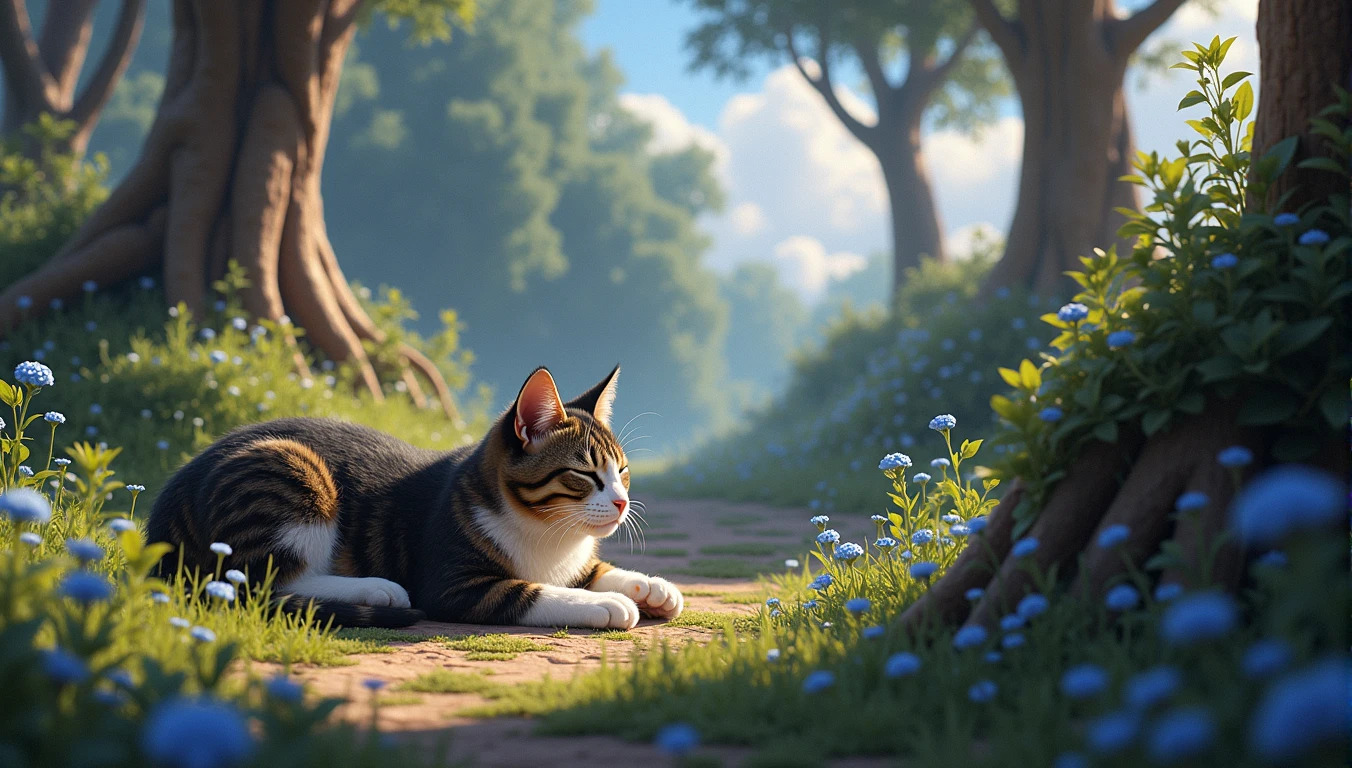 epic styles, digital art, extra detailed digital art, wallpaper, a young cat lying next to the little blue verry bush, cat's fur is black, white and brown, summer time, short green grass, little flowers, tree base behind the cat, short fur, closed eyes, peaceful atmosphere, heroic fantasy aestetics, dungeons and dragons, wide shot, perspective, atmospheric perspective, 16k, highres, award winning, best quality, high details, super detail, UHD, masterpiece