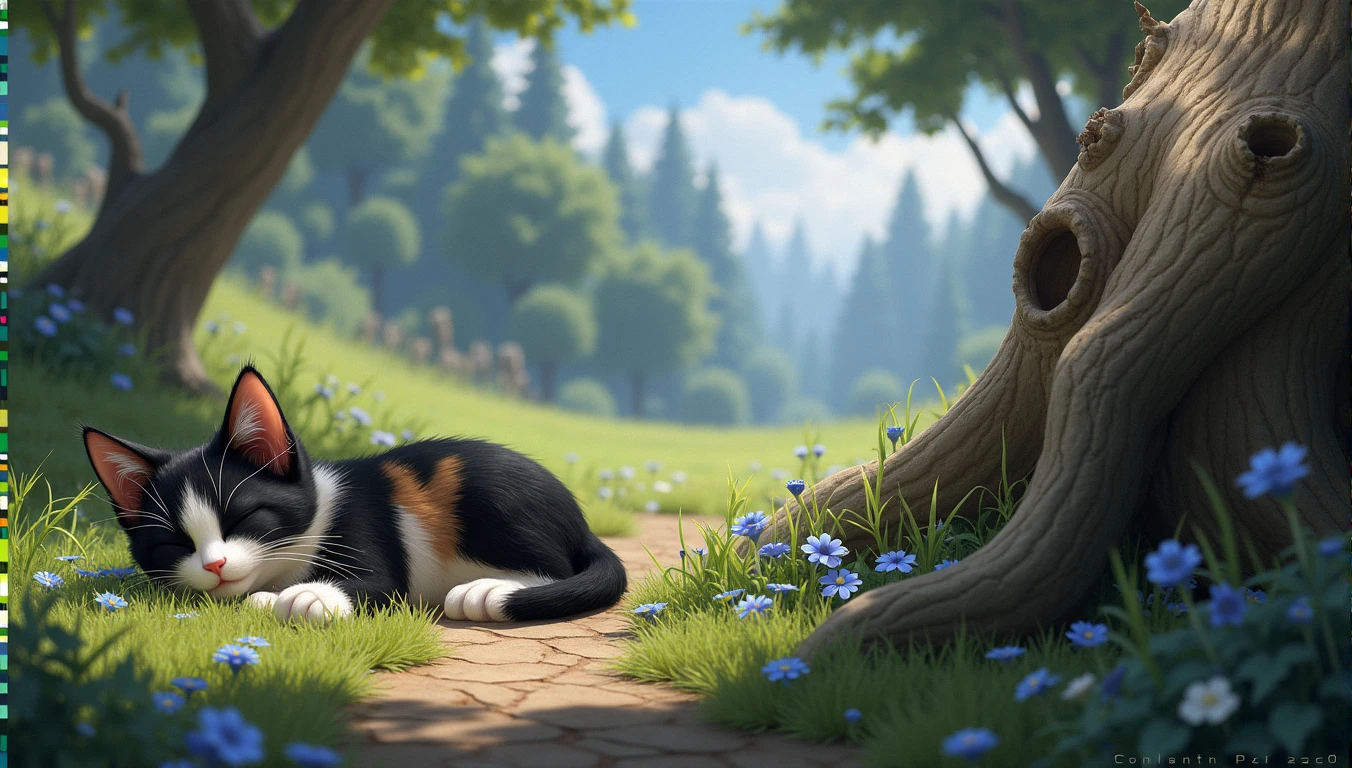 epic styles, digital art, extra detailed digital art, wallpaper, a young cat lying next to the little blue verry bush, cat's fur is black, white and brown, summer time, short green grass, little flowers, tree base behind the cat, short fur, closed eyes, peaceful atmosphere, heroic fantasy aestetics, dungeons and dragons, wide shot, perspective, atmospheric perspective, 16k, highres, award winning, best quality, high details, super detail, UHD, masterpiece