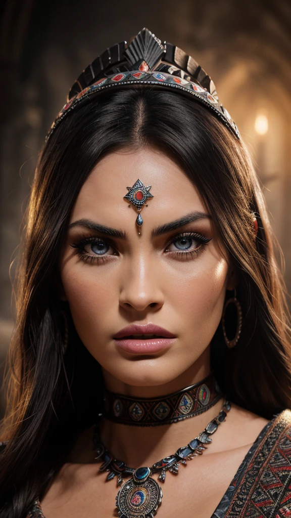beautiful detailed eyes, beautiful detailed lips, extremely detailed eyes and face, long eyelashes, 1girl, woman, powerfull and beautiful aztec witch, aztec witch, high Photorealistic megan fox, hyper realistic, 8k, masterpiece, ultra-detailed, photorealistic, professional, studio lighting, intricate details, vivid colors, dramatic lighting, volumetric lighting, cinematic, in defense pose, angry expression, aztec mythology, dramatic shadows, dramatic highlights, depth of field, middle body 