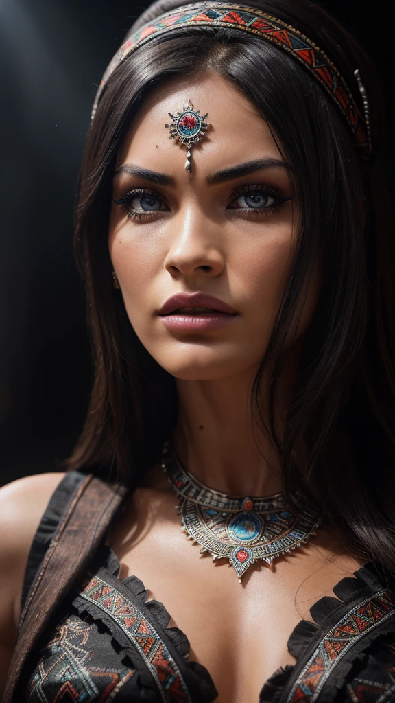 beautiful detailed eyes, beautiful detailed lips, extremely detailed eyes and face, long eyelashes, 1girl, woman, powerfull and beautiful aztec witch, aztec witch, high Photorealistic megan fox, hyper realistic, 8k, masterpiece, ultra-detailed, photorealistic, professional, studio lighting, intricate details, vivid colors, dramatic lighting, volumetric lighting, cinematic, in defense pose, angry expression, aztec mythology, dramatic shadows, dramatic highlights, depth of field, middle body