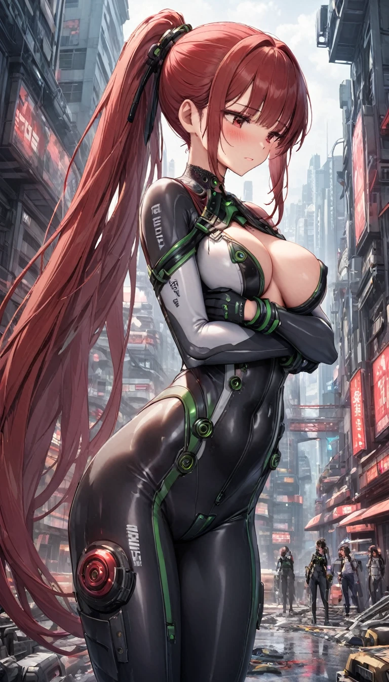 Eve with very long hair with a red ponytail in a tight-fitting suit with red technological decorations with a lot of blush embarrassed hugging her breasts in a dystopian city